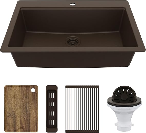 Karran 33 Inch Drop In Workstation Kitchen Sink with Color-Matched Accessories, Quartz Composite Single Bowl Sink with, Deep Basin, Scratch & Heat Resistant (Brown, Color match)