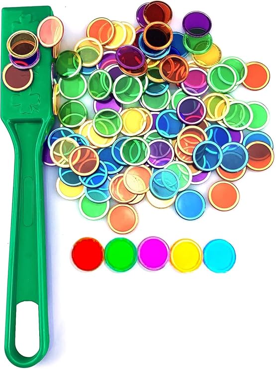 Magnetic Wand & Chips Set with 100 Multicolor Bingo Chips - STEM Learning Kit for Kids, Family Game Night & School Science Activities (Green)