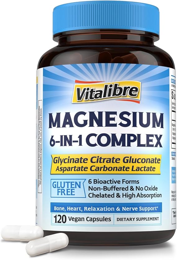 Vitalibre 6 in 1 Magnesium Complex for Women Men, 260mg Elemental Magnesium