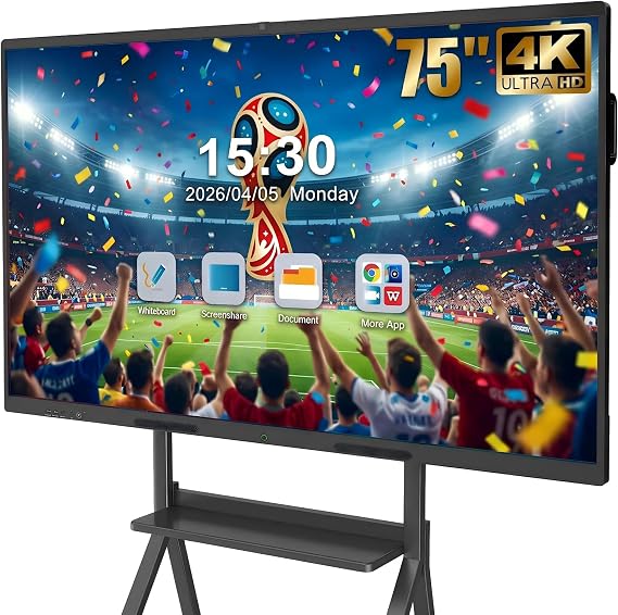 75" Smart Board for Business, Interactive Whiteboard with Multi-Touch, 4K Electronic Board with Screen Sharing, Bluetooth/WiFi/HDMI, Camera & Mic, Android 14, 8+128G (Wall Mount Included)