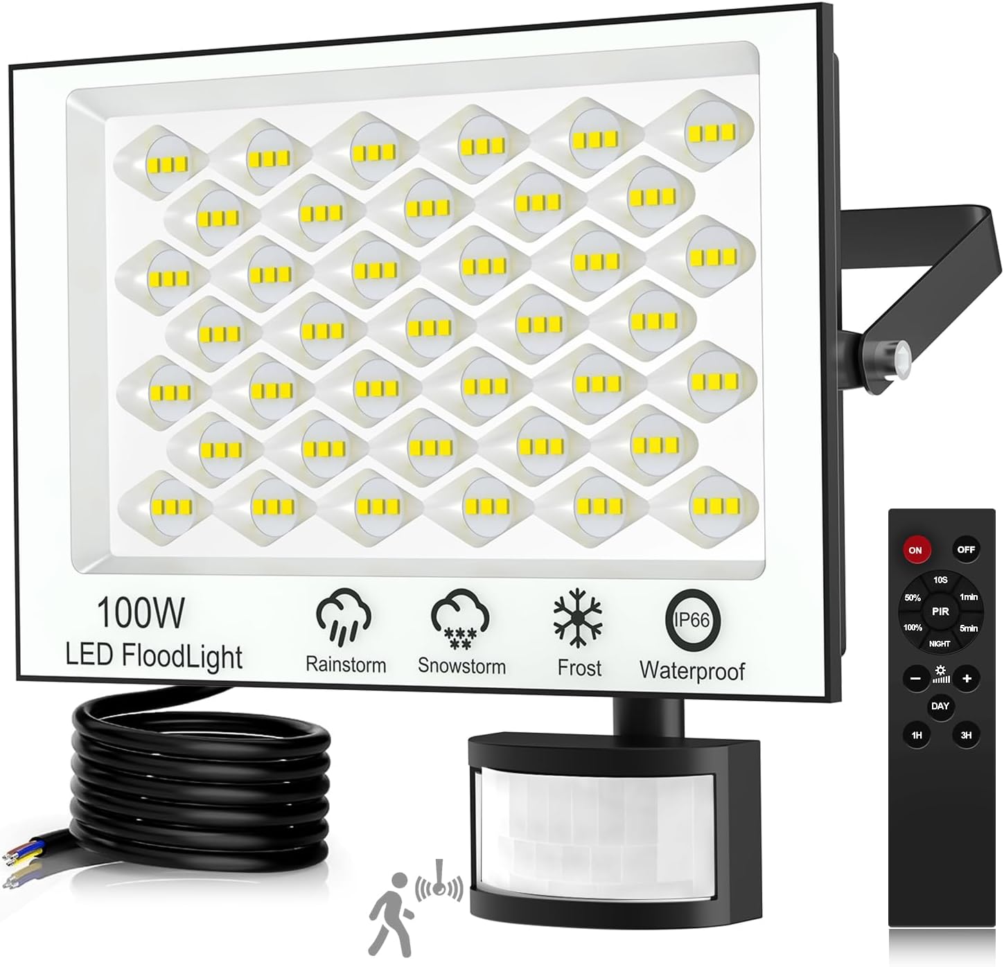 Security Lights Outdoor Motion Sensor, 100W LED Floodlight Outdoor, IP66 Waterproof PIR Sensor Security Light, Dimmable Cold White Outdoor Light for Garden, Garage with 75cm Cable, 6500K [Energy Class F]