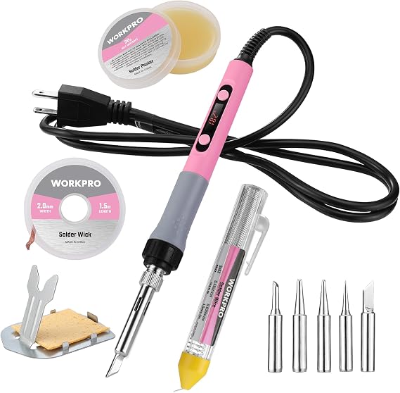 WORKPRO 90W Soldering Iron Kit with Digital Display(110V US Plug,Pink) | Ceramic Core, Iron Tips, Adjustable Temperature, Unit Switch(F/C), Electronic Repair, DIY Enthusiasts
