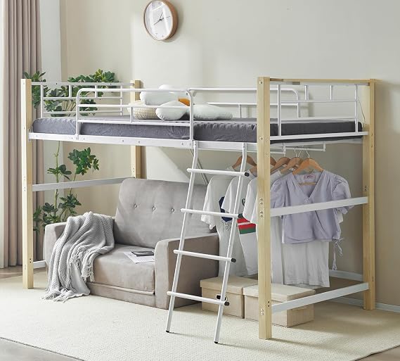 Loft Bed with Ladder, Low Type Loft Bed with Outlets, Adult Use, Middle Type, Pipe Bed, Single Bed Frame, Sturdy, Steel, Includes 4 Hanger Poles, For Single Living, Loft Bed, Height 140cm