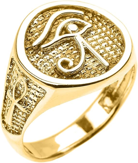 Men's Polished 14k Yellow Gold Eye of Horus Ring with Egyptian Ankh Crosses