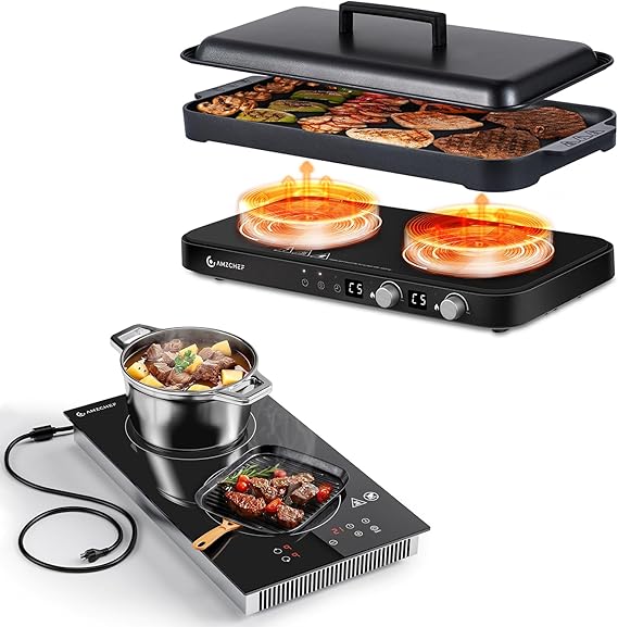 AMZCHEF Induction Cooktop 2 Burners & AMZCHEF Double Induction Cooktop with Removable Griddle Pan
