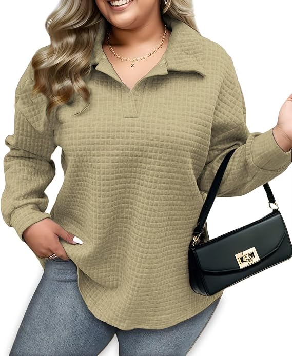 VOGRACE Womens Plus Size Sweatshirts Lapel Collar Casual Long Sleeve Tunic Tops