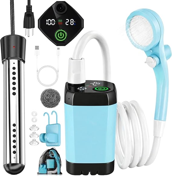 Portable Camping Shower with Heater, 6000mAh Rechargeable Portable Shower with 2000W Immersion Heater, LED Display, Heated Camping Shower for Travel, Hiking, Car, Pet