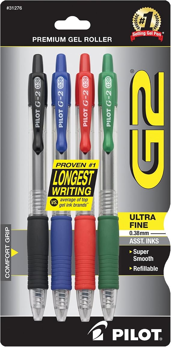 PILOT G2 Premium Gel Pens, Ultra Fine Point 0.38mm, Assorted Inks, 4-Pack