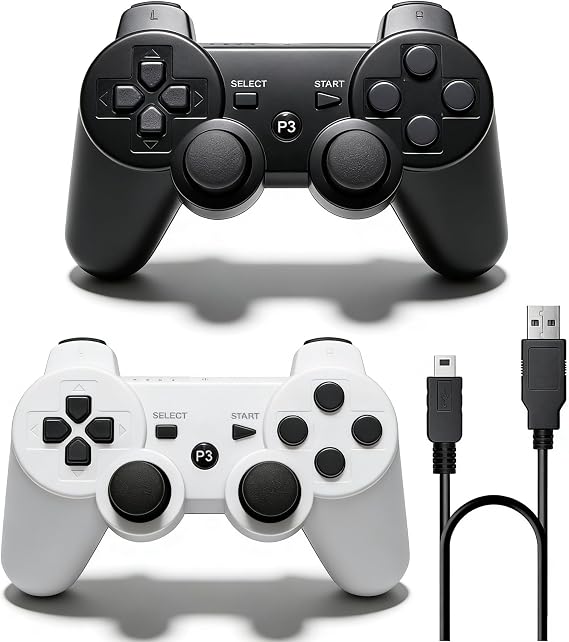 ＲＵＥＩＵＲＩ P-S3 Controller 2 Pack PS-3 Wireless controller Playstation 3 Controller Wireless Bluetooth Gamepad with USB Charger Cable for PS-3 ((Black+White))