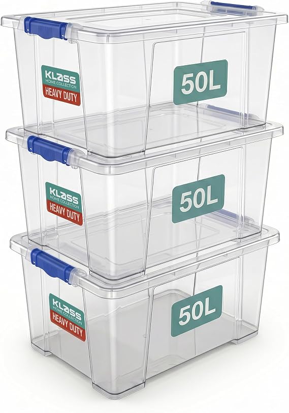 Klass 3 PCS 50L Plastic Storage Boxes With Lids, Cliping Lid Clear Storage