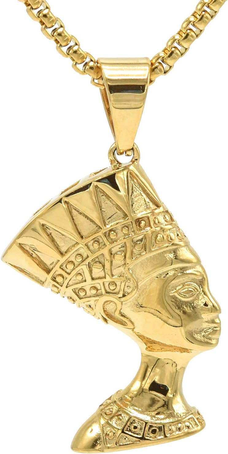 Womens Mens Stainless Steel Pendant Necklace, Lion Head, Egypt Queen Nefertiti, Egyptian Eye of Horus in Pyramid, 24 inch Chain