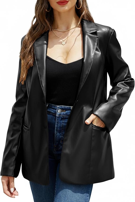 RISISSIDA Women Faux Leather Blazer Jacket,Soft PLeather PU Coat
