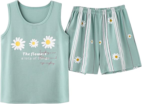 Vopmocld Big Girl's Tank Top and Shorts Cotton Pajama Set Teens Cute PJS | Cotton Blend Sleeveless Pajama Sets, Teens age 8 to 18 Years, Cute Patterns, Softness Sleepwear, Sleeping, Lounging, Outfit