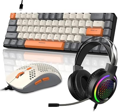 60% RGB Gaming Keyboard and Mouse and Gaming Headset,Wired Mechanical Keyboard,68 Keys TKL Compact Mini Layout,Honeycomb RGB Mouse,Up to 6400DPI,for PC MAC PS5 Xbox,Grey