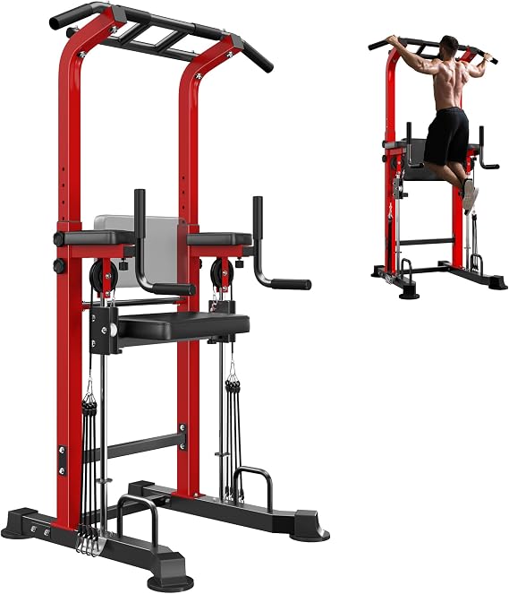 soges Height Adjustable Power Tower Dip Station with Assisted Pad, Red