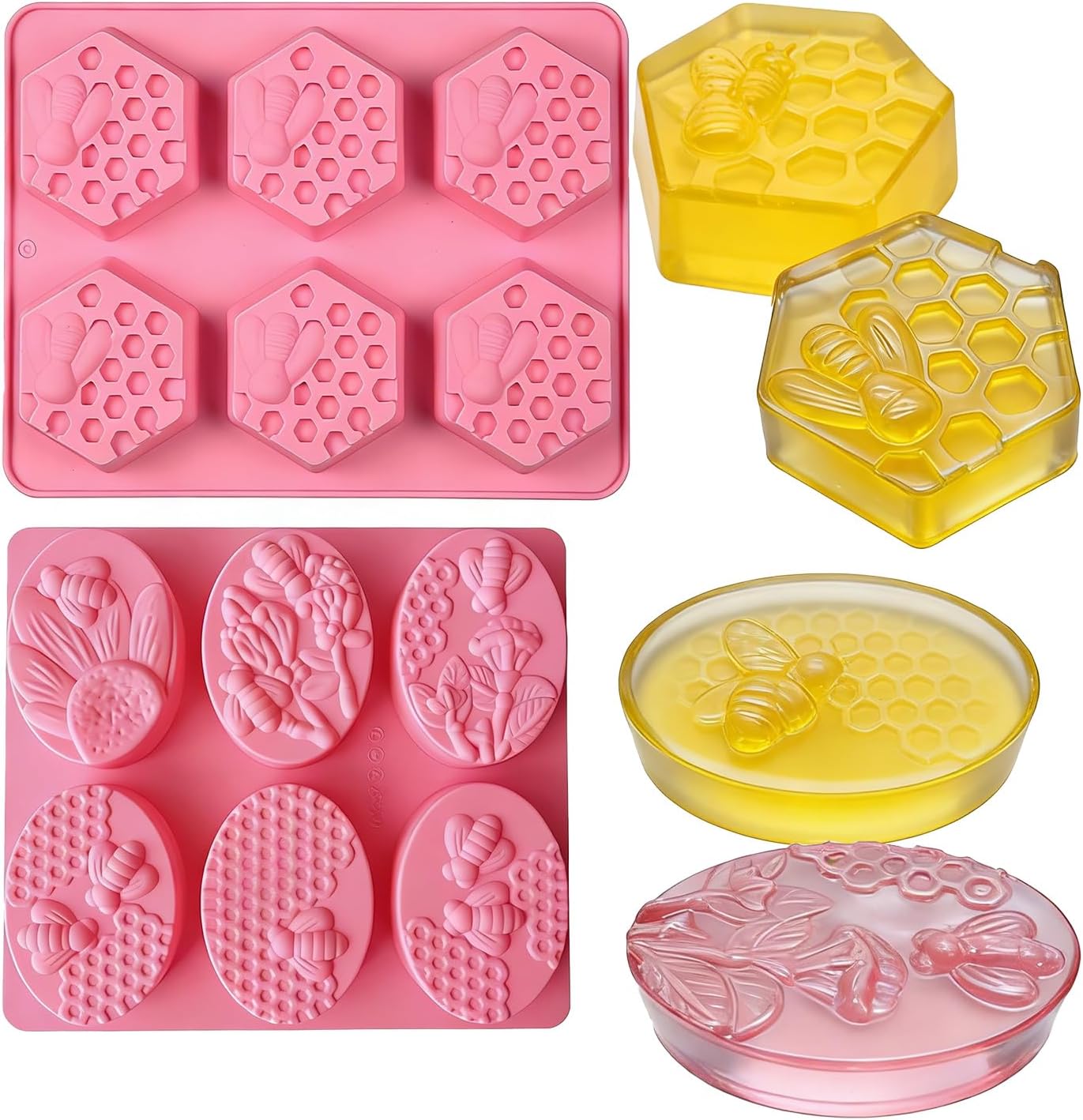 2Pcs Silicone Moulds 6 Cavities Honeycomb Bee Soap Moulds for Soap Making,Candle Moulds,Jelly Mousse Pudding Cupcake Moulds, Pink