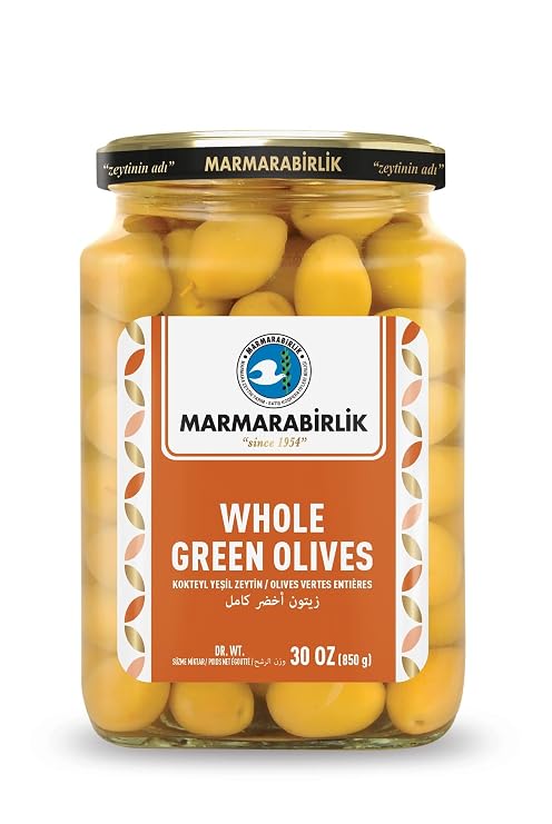 Marmarabirlik, Green Olives, Turkish Whole Olive, Gourmet Mediterranean Flavor, Healthy Snack Food, Perfect for Salads, Mezze & Breakfast, Vegan, Kosher, Halal, Large, 30 Oz (850g)