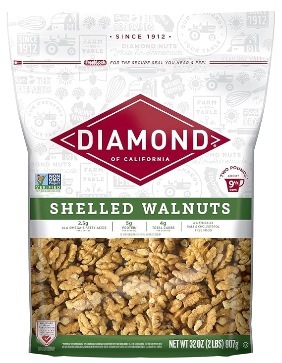 Diamond of California Shelled Walnut Halves and Pieces 32 oz | Raw almonds for baking, cooking, snacking, and garnish