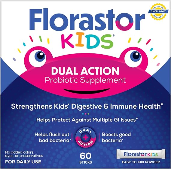 Florastor Kids Dual Action Probiotic Powder, 60 Easy-to-Mix Powder Sticks
