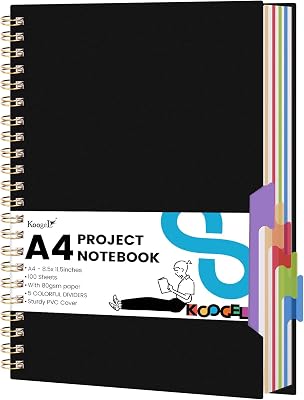 Koogel 5 Subject Notebook College Ruled, Spiral Notebook Journal with Removable Dividers Tabs, 200Pages Lined Journals for Women Journals Note Taking Office Work School Gifts, 8.5x11.5 Inch, Black