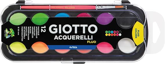 Giotto Watercolor Fluo, Reusable Plastic Box, Assorted Fluo Colors, 12 Count