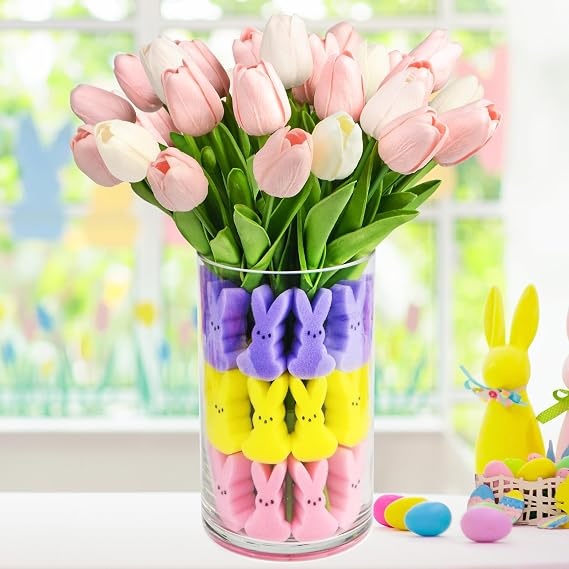 Easter Bunny Vase Filler Decorations, 16 PCS Tulips Artificial Flowers & 45 PCS Bunnies Vase Filler Kit, Easter Spring Rabbit Flowers Vase Filler for Table Centerpiece Spring Home Decoration