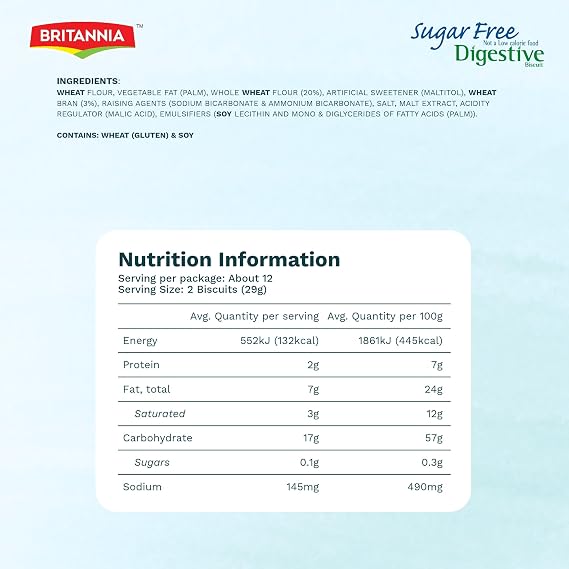 BRITANNIA Digestive Sugar Free Biscuits 12.34oz (350g) - Whole Wheat Flavor Cookies - Breakfast & Tea Time Healthy Snacks (Pack of 1)