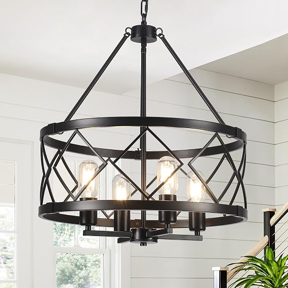 4-Light Black Chandelier, Farmhouse Metal Ceiling Light for Living Room E27