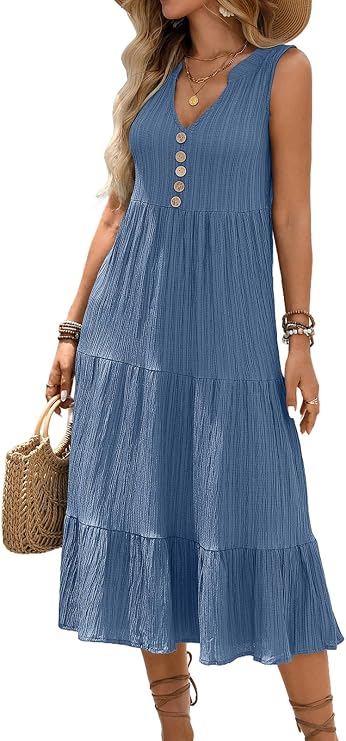 HELYO Women's Casual Summer Dress 2026 Sleeveless V Neck Button Beach Sundress Tiered Ruffle Flows Skirt Midi Dresses