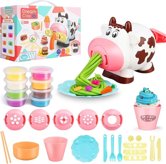 Dough Play Tool Set for Kids - 28Pcs Kitchen Creations Noodle Playset and Ice Cream Maker Machine Kit for Toddlers Birthday (8 Colors Included)