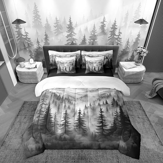 Erosebridal Grey Forest Twin Comforter Set 7 Piece Rustic Woodland Pine Tree Bedding Set for Kids Boys Adults Men,Jungle Smoky Mountain Bed in A Bag Retro Natural Landscape Sheet Set with Comforter