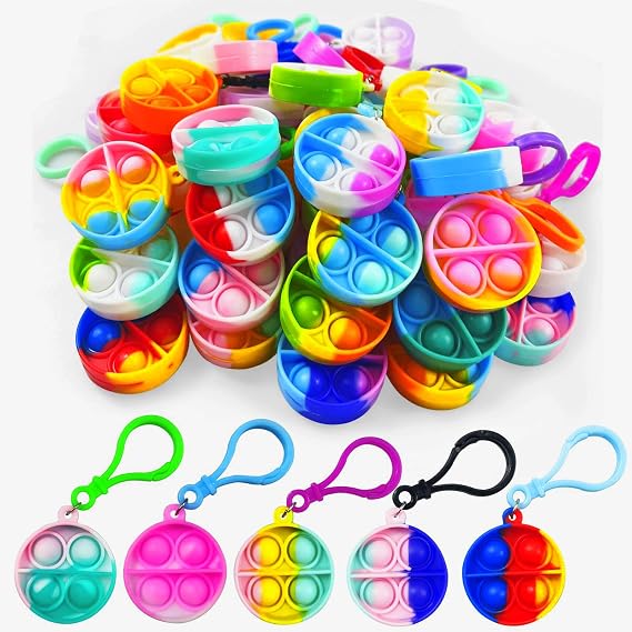 100 Pack Round Pop Fidget Keychain Pop Fidget Toys Bulk Party Favors for Kids 4-8,8-12 Years, Goodies Bag Stuffers Bulk, Gift for Kids, Boys, Girls