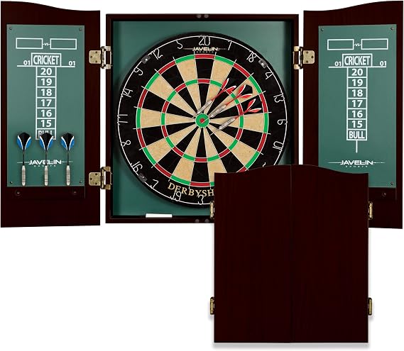 EastPoint Belmont Dart Board Cabinet, 6 Steel Tip Darts, Game Room Decor