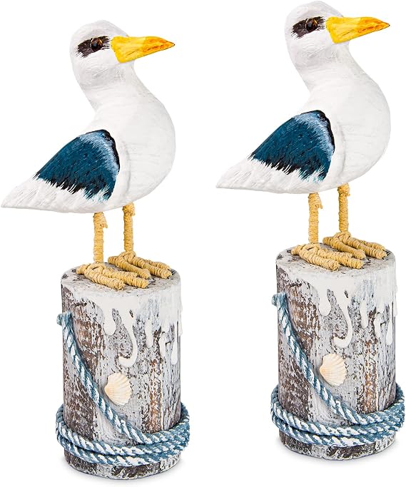 2pcs Sea Bird Figurine Nautical Decor, Wooden Seagull Statue Ornaments for Coastal Beach Room Office Home Decoration (Small)
