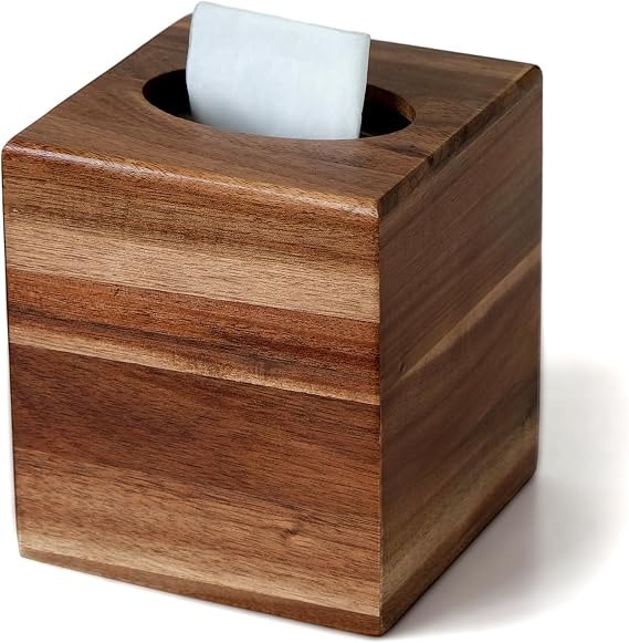 Acacia Wood Tissue Box Cover, Square Wooden Tissue Box Holder for Bathroom
