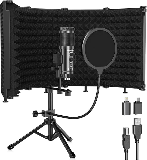 Studio Recording Microphone Isolation Shield with Pop Filter &Tri-Stand Kit Music Recording USB Condenser Mics to Laptop Pc Mac Phone Equipment for Singing Song