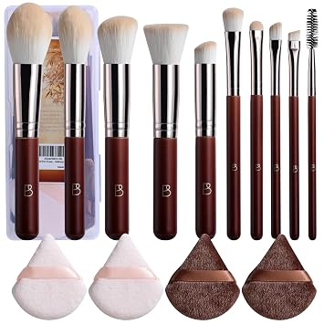 BS-MALL 10 Pcs Travel Makeup Brush Set With Super Soft Triangle Puffs - Professional Foundation Brush & Blush Brush - Multi-purpose Makeup Brushes For Daily Use & Gifts - Portable Makeup Brush Case