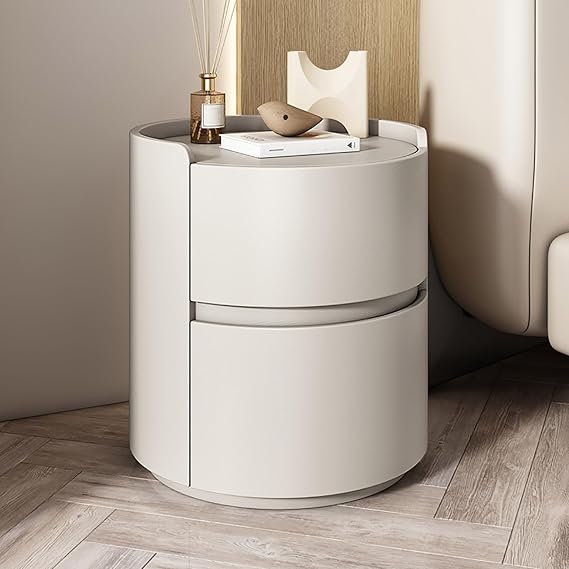 Round Nightstand,Bedside Table with 2 Solid Wood Storage Drawers,Modern Minimalist Bedroom Side Table,Leather Night Stands for Bedroom/Living Room,No Installation Required,End Table