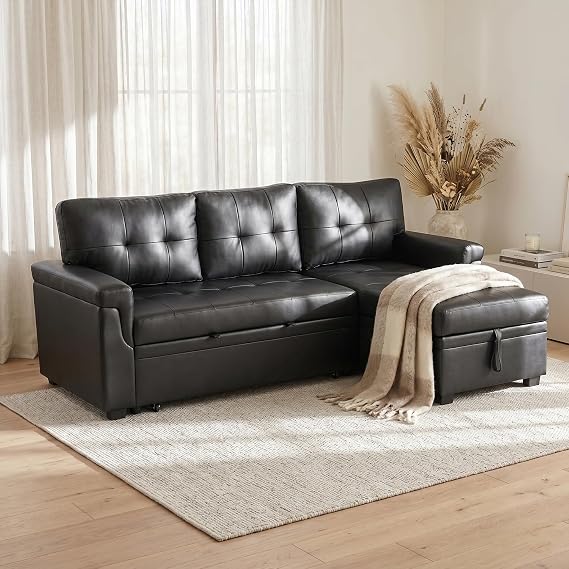 Naomi Home Laura 3-in-1 Sleeper Sectional Sofa, Black Air Leather