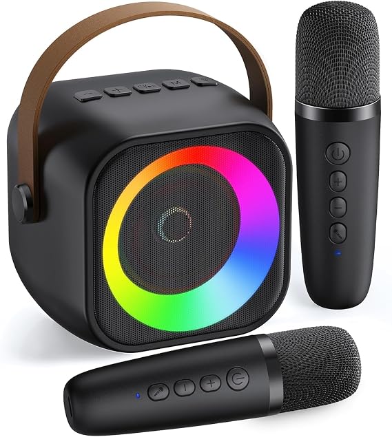 Mini Karaoke Machine, Portable Bluetooth Speaker with 2 Wireless Microphones for Kids & Adults, Karaoke Microphone with LED Lights, Gifts for Girls & Boys