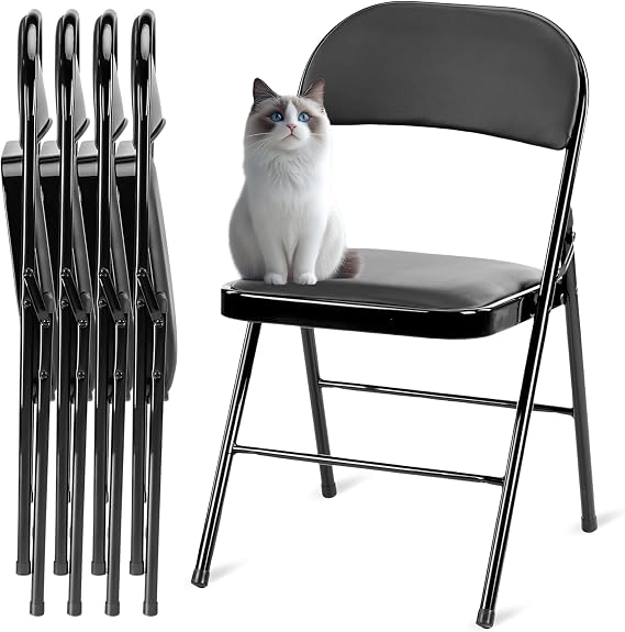 Simple Deluxe 4 Pack Folding Chairs with Padded Leather Cushion Seats & Durable Metal Frame, Comfortable, Foldable, Portable, Commercial Event Chair, Indoor Outdoor for Parties, Home, Office, Black
