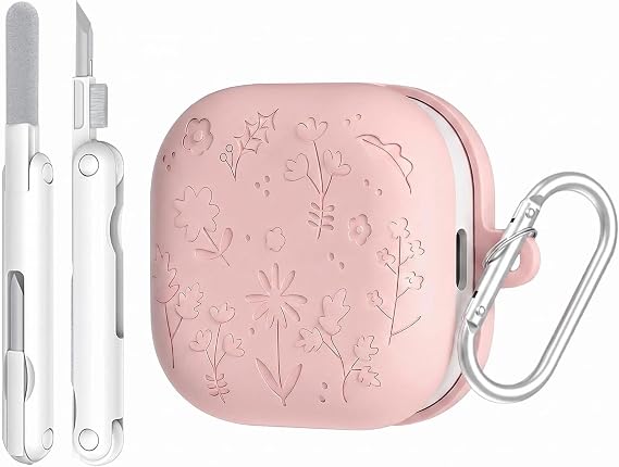 Silicone Case for Galaxy Buds 4 Pro/Buds 4,Flower Engraved Cover for Samsung Galaxy Buds 4 Pro with Carabiner and Cleaning Kit, Protection (Pink)