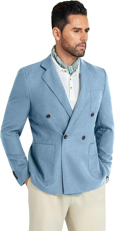 Mens Tuxedo Jacket Slim Fit Knit Mens Blazer Jacket Light Blue Double Breasted Casual Blazer Men 1 Button Notched Business Mens Sport Coat S