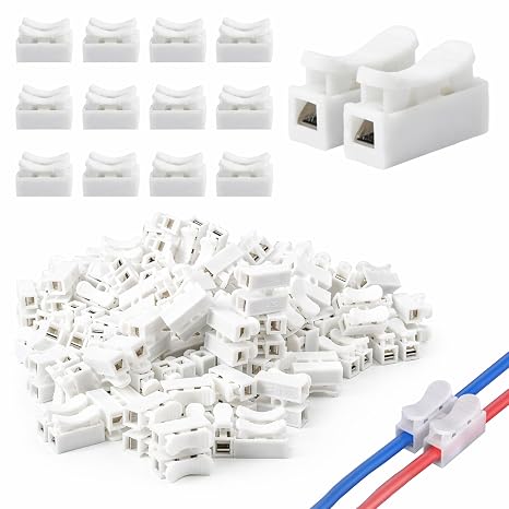 100 Pcs CH2 Electrical Wire Connectors, 2-Pin Spring Wire Connectors, Block Connectors for Wiring, Terminal Block Electrical Connector, Electric Cable Connectors Clamp, Quick Terminals Connector Block