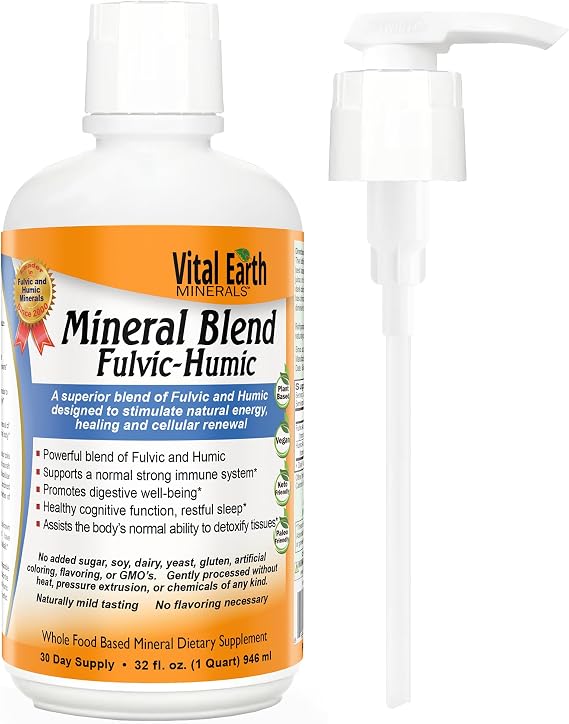 Vital Earth Minerals Fulvic Humic Mineral Blend Liquid with Pump Fulvic Acid Supplement with 70+ Trace Minerals, Electrolytes for Recovery, Balance & Energy, 32 Oz