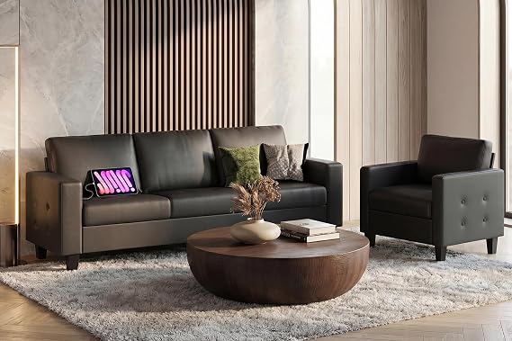 Black Faux Leather 3 Seater Sofa and Accent Chair Set (3+1) | STHOUYN, Modern, Comfy, Tufted Armrest, USB Charger, 2 Pieces Living Room Furniture Sets, Office