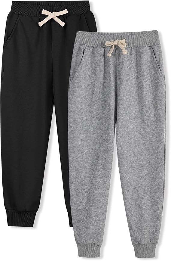Phedrew 2 Pack Boys Kids Cotton Sweatpants Midweight Toddler Jogger Pants Pull On Pants with Drawstring Pockets(2-14Y)