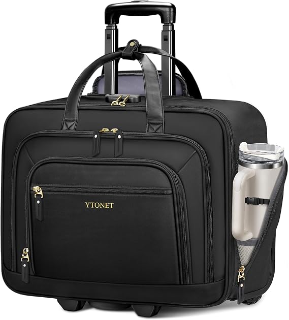 Ytonet Rolling Laptop Bag Women, 17.3 Inch Laptop Briefcase with Large Cup Holder, Carry On Luggage with Insulated & Waterproof Pocket, Roller Bag with Lock, Teacher Bag for Work Travel,Black