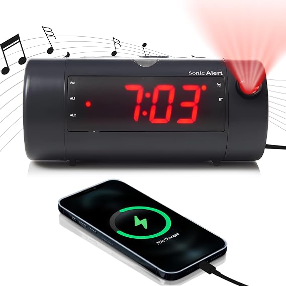 Sonic Blast Digital Alarm Clock Alarm Clock for Heavy Sleepers Projection Alarm Clock Android & iOS Compatible - Bluetooth Speaker, USB Port AUX Compatible
