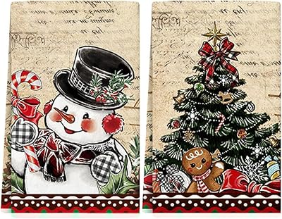 Christmas Dish Towels Set of 2,Winter Hand Towels for Bathroom Decorative,Kitchen Decor Cleaning Drying Kitchen Towels Dishcloth 18 x 26 inches,Cute Cartoon Snowman Christmas Tree Vintage